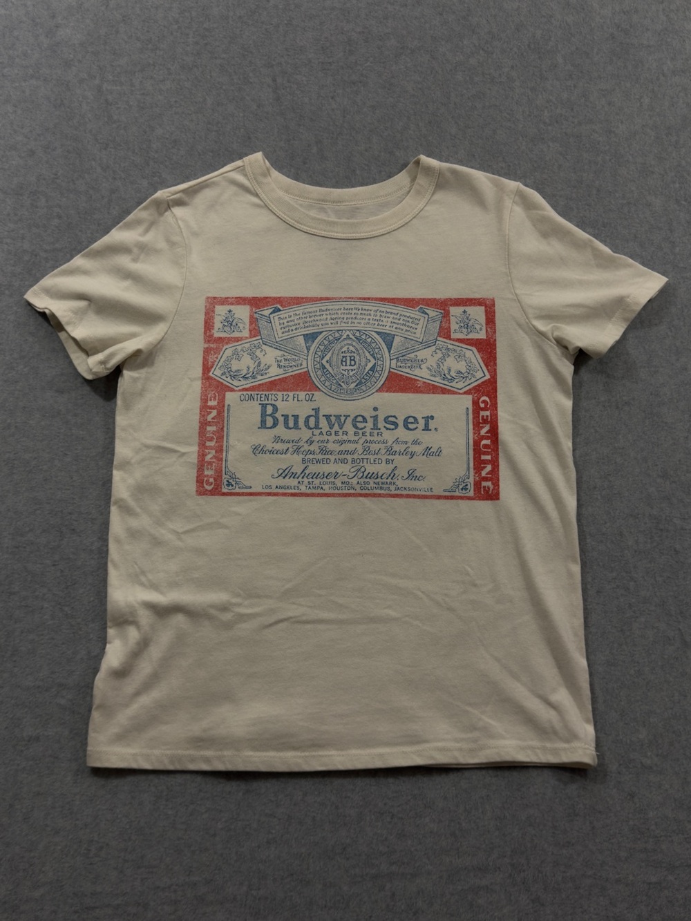 Budweiser Beige Tee with Red and Blue Label Print